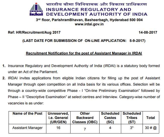 The agency's headquarters are in Hyderabad, Telangana, where it moved from Delhi in 2001. Insurance Regulatory and Development Authority of India invites the application of energetic and fresher candidates in India for Assistant Manager Post. Candidates who are willing to work with this organization they May apply. Total numbers of vacancies are 30