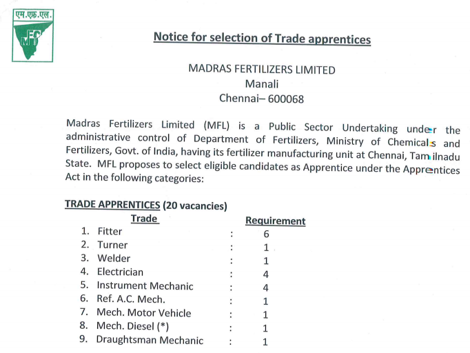 Madras Fertilizers Limited proposes to select eligible candidates under Apprentice act. Apply Online for latest recruitment for Madras Fertilizers Limited. Last Date of Apply 9th August 2017